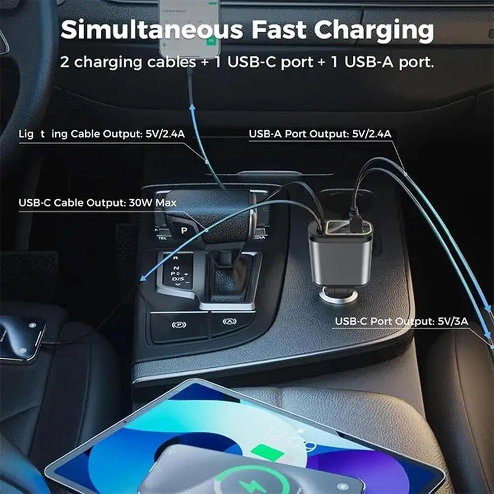 4 in 1 120W Retractable Car Charger - Car Roof Star Light