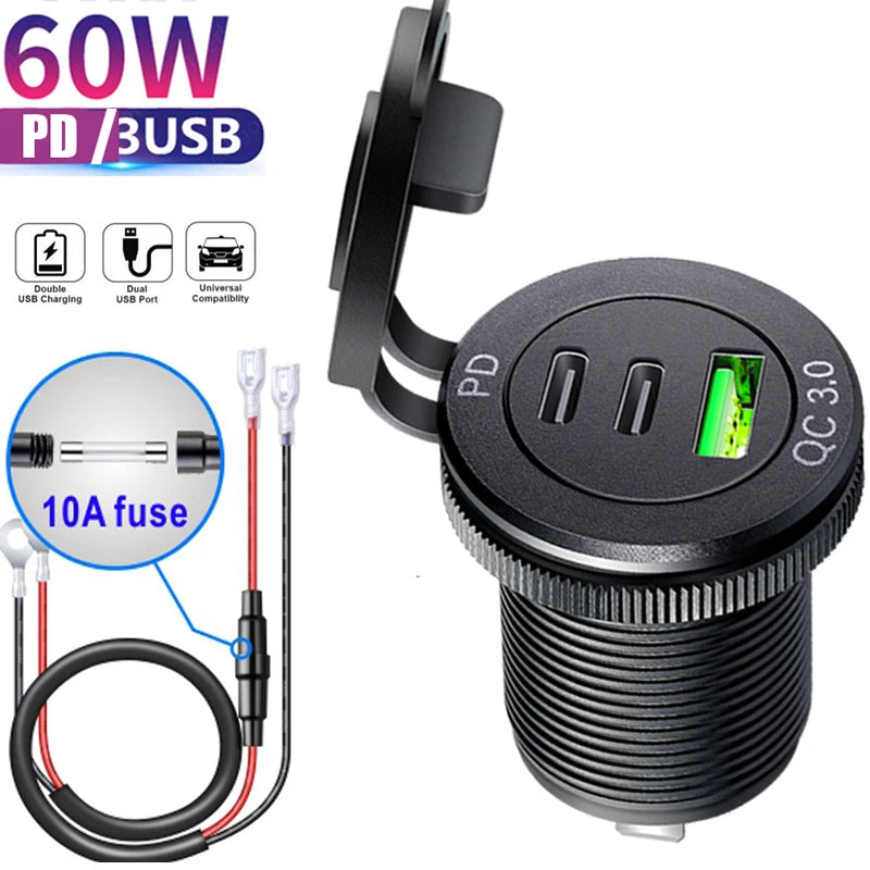 Universal usb outlet 3.0 socket PD Type C Car Charger adapter QC3.0 Dual Ports 60W USB C Triple 12V USB Socket Car Charger