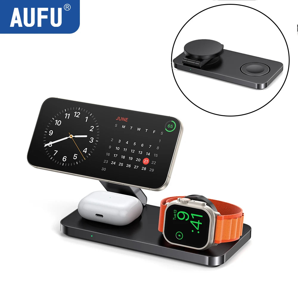 AUFU Foldable Magnetic Wireless Charging Station 3 In 1 Fast Charging Dock Station For Magsafe For iPhone 17 Apple Watch Airpods