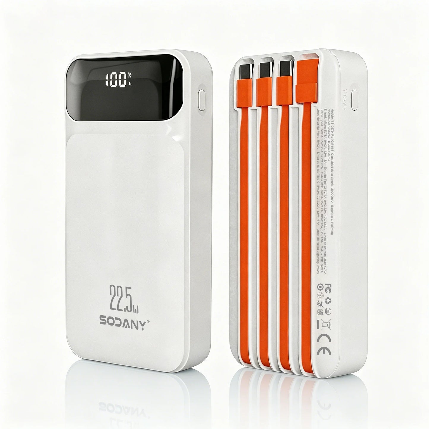 External Battery 20000Mah 22.5W Fast Charging 4 Integrated Cables Smart Digital Lcd Screen Power Bank White