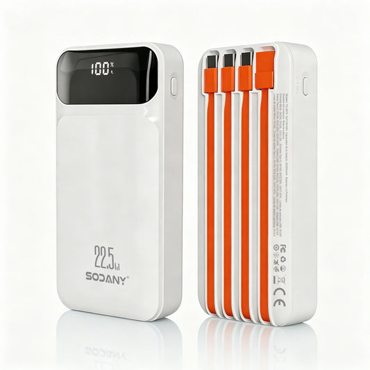 External Battery 20000Mah 22.5W Fast Charging 4 Integrated Cables Smart Digital Lcd Screen Power Bank White