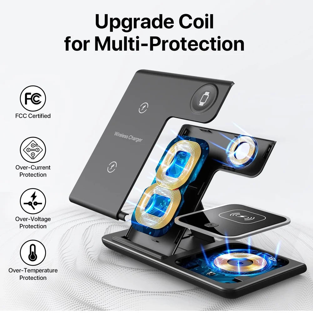 LED Fast Wireless Charger Stand 3 in 1 Foldable Charging Station For iPhone 17 16 15 18 14 Apple Watch 9 8 7 Airpods Pro Samsung