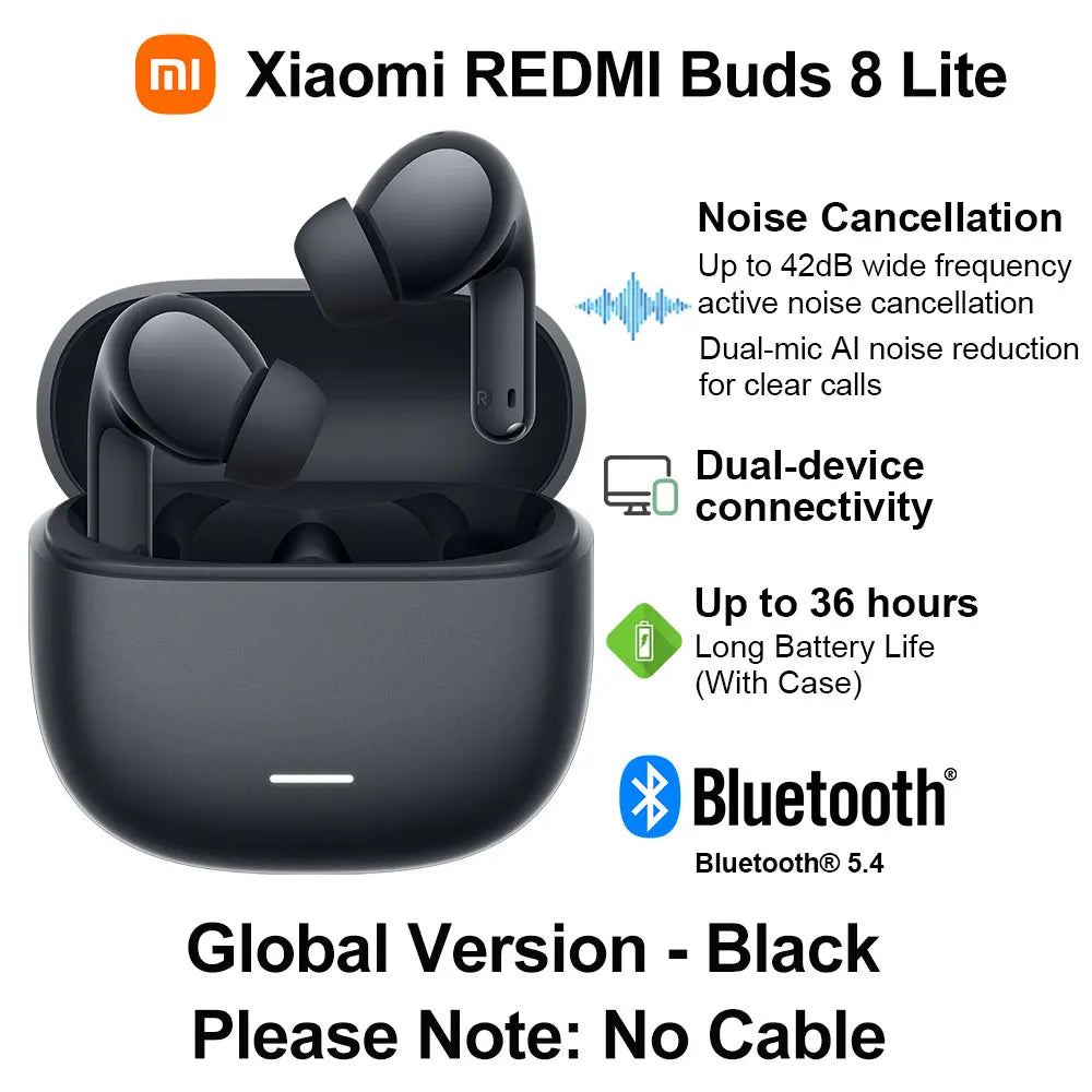 New Xiaomi REDMI Buds 8 Lite Wireless Bluetooth Earphone, Up to 42dB Wide Frequency Active Noise Cancellation, Up to 36 Hours Battery Life BT5.4