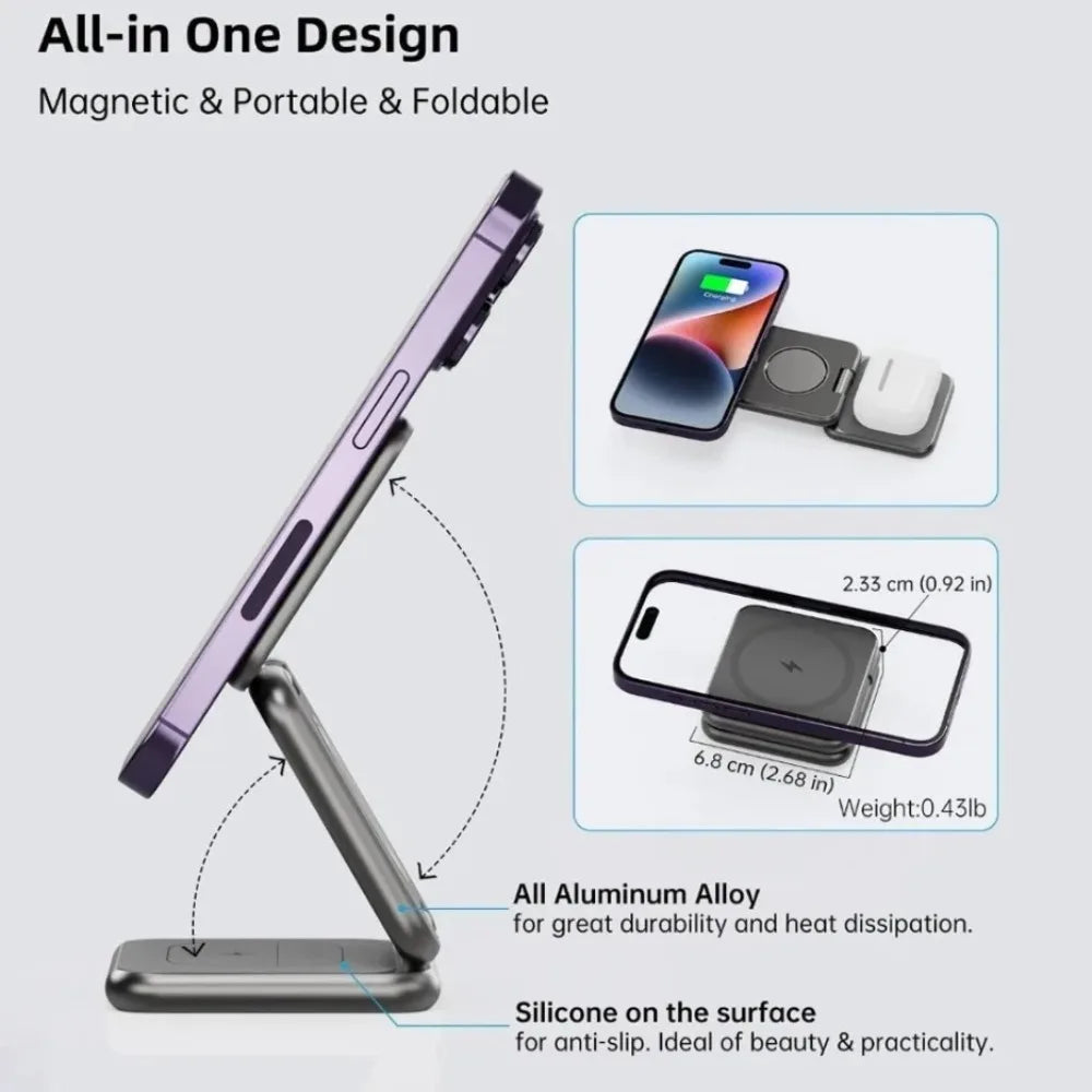 Foldable Magnetic Station 3 in 1 Fast Wireless Charger Stand For Magsafe iPhone 16 15 14 13 12 Pro Max iWatch 8 7 6 Airpods
