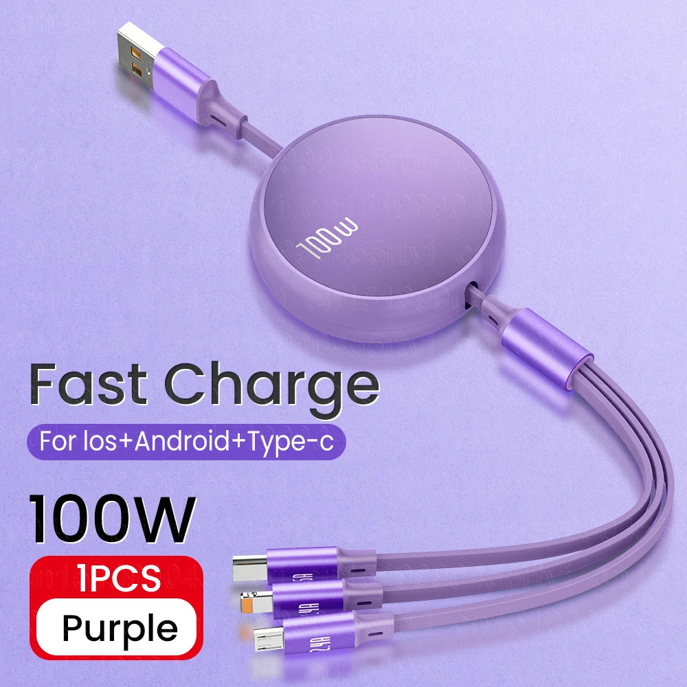 3 in 1 Retractable USB C 6A 100W USB Fast Charger for iPhone 13 14 12 11 Pro X Max Type C/Micro Fast Charger for Huawei Samsung