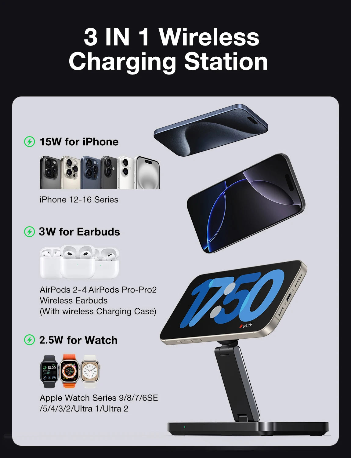 AUFU Foldable Magnetic Wireless Charging Station 3 In 1 Fast Charging Dock Station For Magsafe For iPhone 17 Apple Watch Airpods