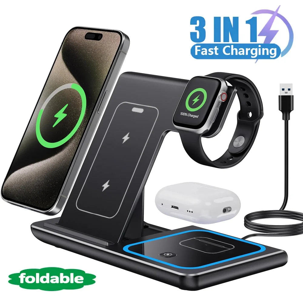 LED Fast Wireless Charger Stand 3 in 1 Foldable Charging Station For iPhone 17 16 15 18 14 Apple Watch 9 8 7 Airpods Pro Samsung