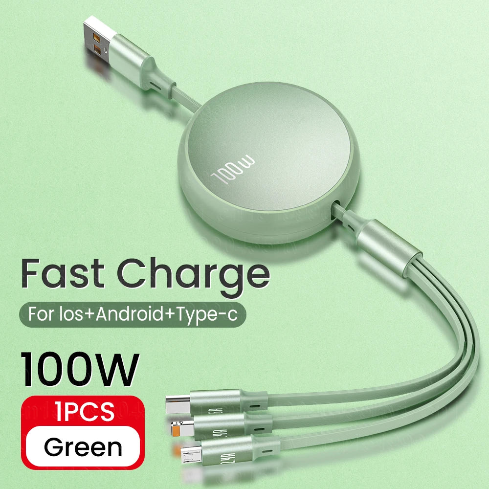 3 in 1 Retractable USB C 6A 100W USB Fast Charger for iPhone 13 14 12 11 Pro X Max Type C/Micro Fast Charger for Huawei Samsung