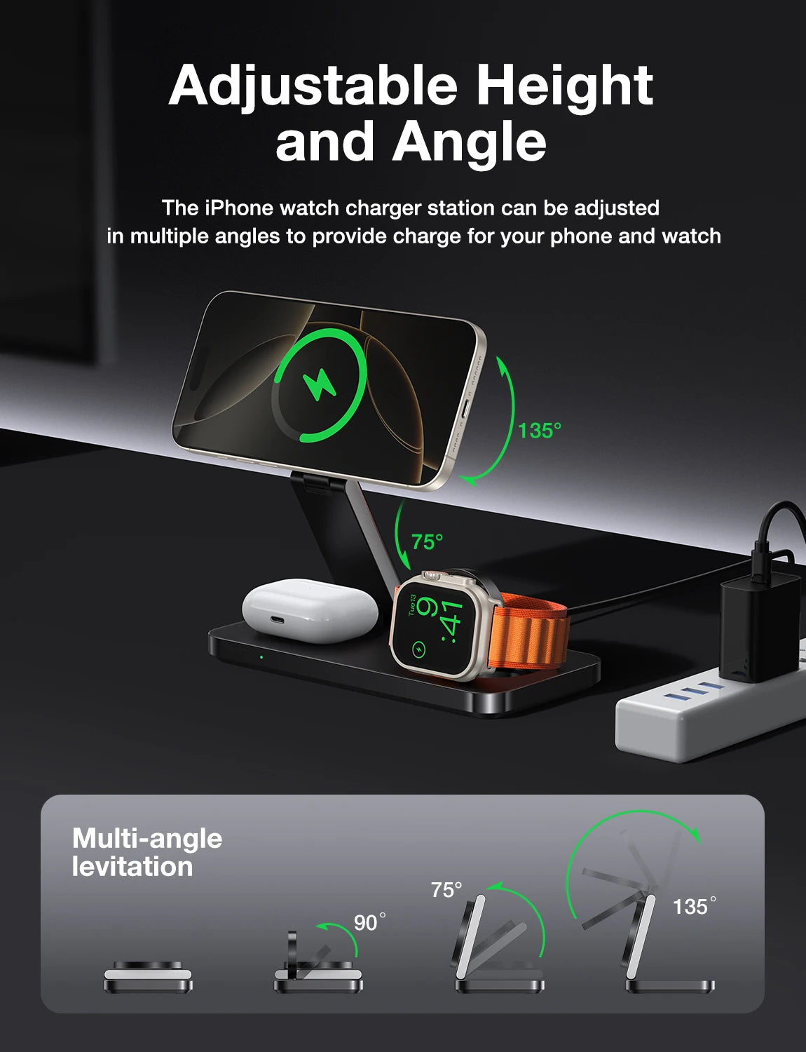 AUFU Foldable Magnetic Wireless Charging Station 3 In 1 Fast Charging Dock Station For Magsafe For iPhone 17 Apple Watch Airpods