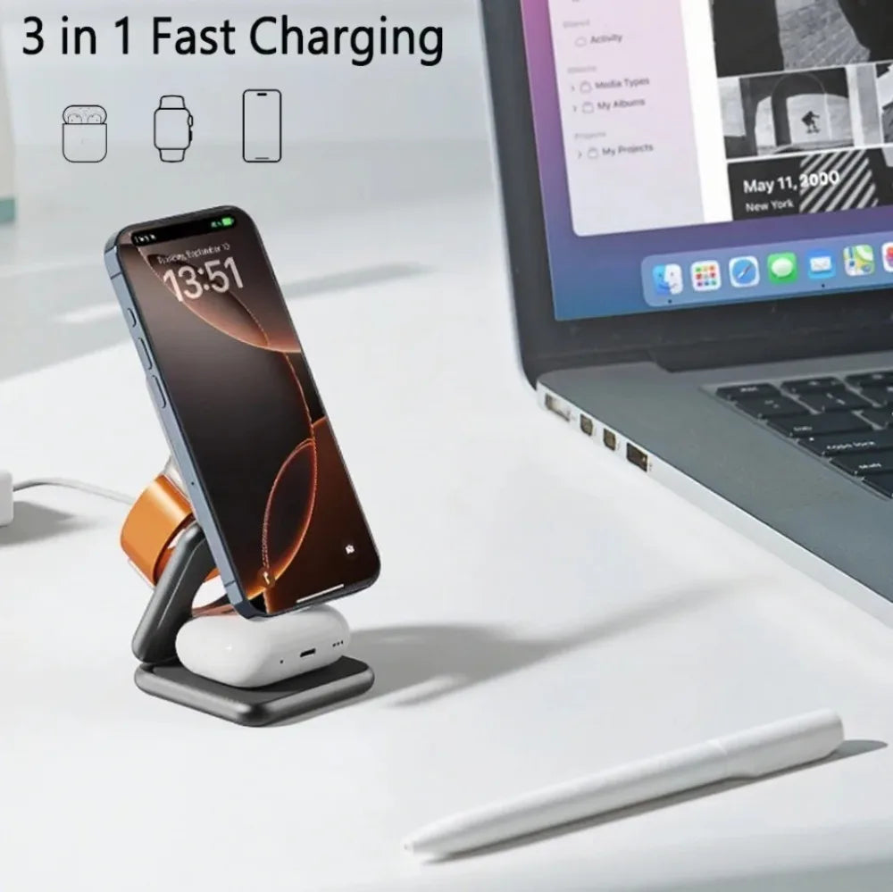 Foldable Magnetic Station 3 in 1 Fast Wireless Charger Stand For Magsafe iPhone 16 15 14 13 12 Pro Max iWatch 8 7 6 Airpods