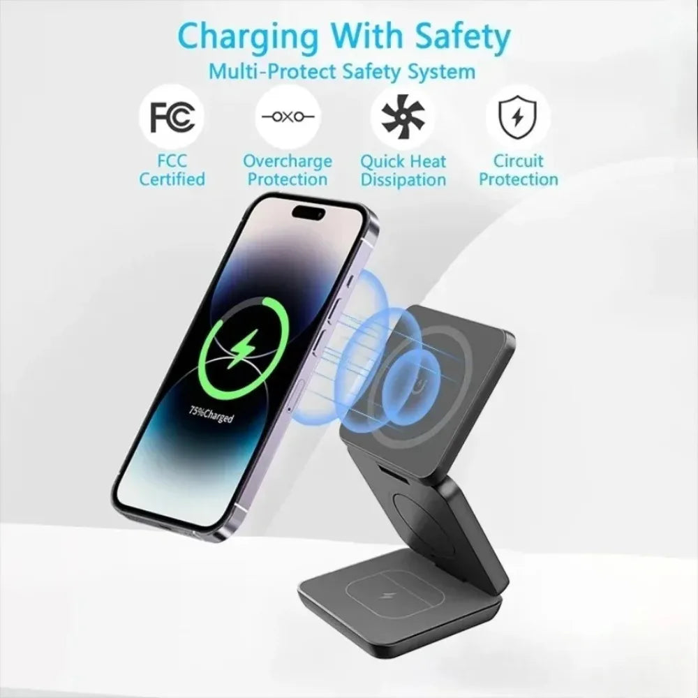 Foldable Magnetic Station 3 in 1 Fast Wireless Charger Stand For Magsafe iPhone 16 15 14 13 12 Pro Max iWatch 8 7 6 Airpods
