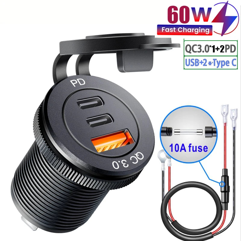Universal usb outlet 3.0 socket  PD Type C Car Charger adapter QC3.0 Dual Ports 60W USB C Triple 12V USB Socket Car Charger