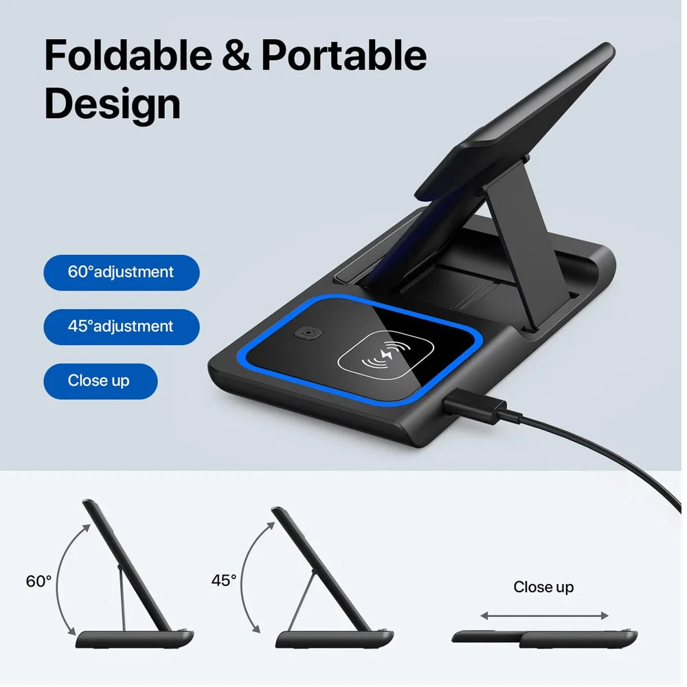 LED Fast Wireless Charger Stand 3 in 1 Foldable Charging Station For iPhone 17 16 15 18 14 Apple Watch 9 8 7 Airpods Pro Samsung