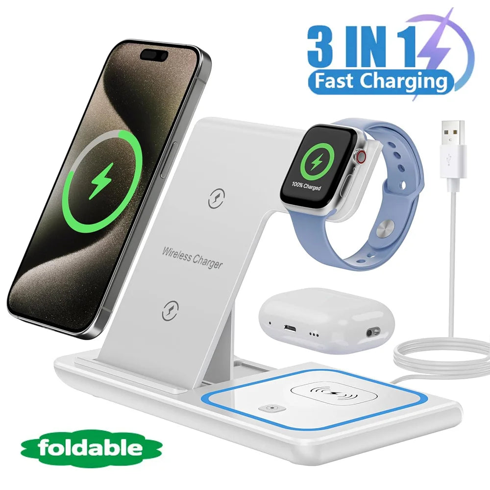 LED Fast Wireless Charger Stand 3 in 1 Foldable Charging Station For iPhone 17 16 15 18 14 Apple Watch 9 8 7 Airpods Pro Samsung