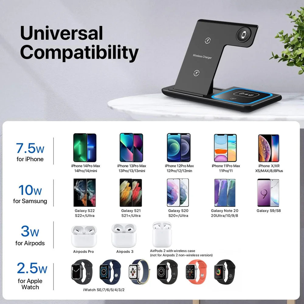 LED Fast Wireless Charger Stand 3 in 1 Foldable Charging Station For iPhone 17 16 15 18 14 Apple Watch 9 8 7 Airpods Pro Samsung