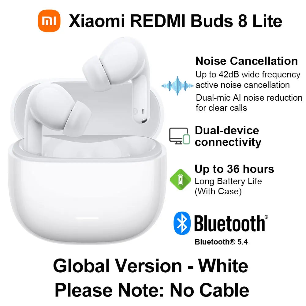 New Xiaomi REDMI Buds 8 Lite Wireless Bluetooth Earphone, Up to 42dB Wide Frequency Active Noise Cancellation, Up to 36 Hours Battery Life BT5.4