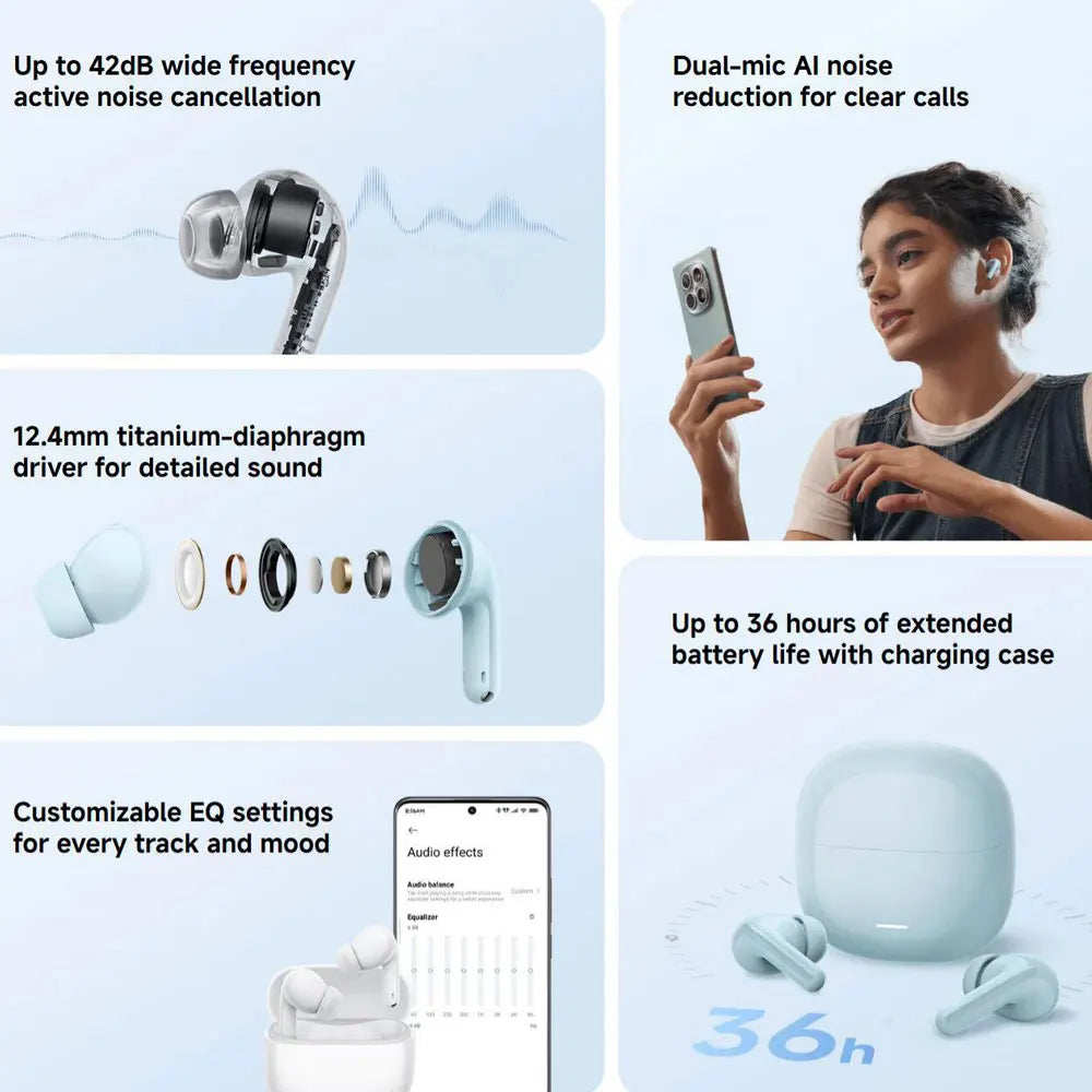 New Xiaomi REDMI Buds 8 Lite Wireless Bluetooth Earphone, Up to 42dB Wide Frequency Active Noise Cancellation, Up to 36 Hours Battery Life BT5.4