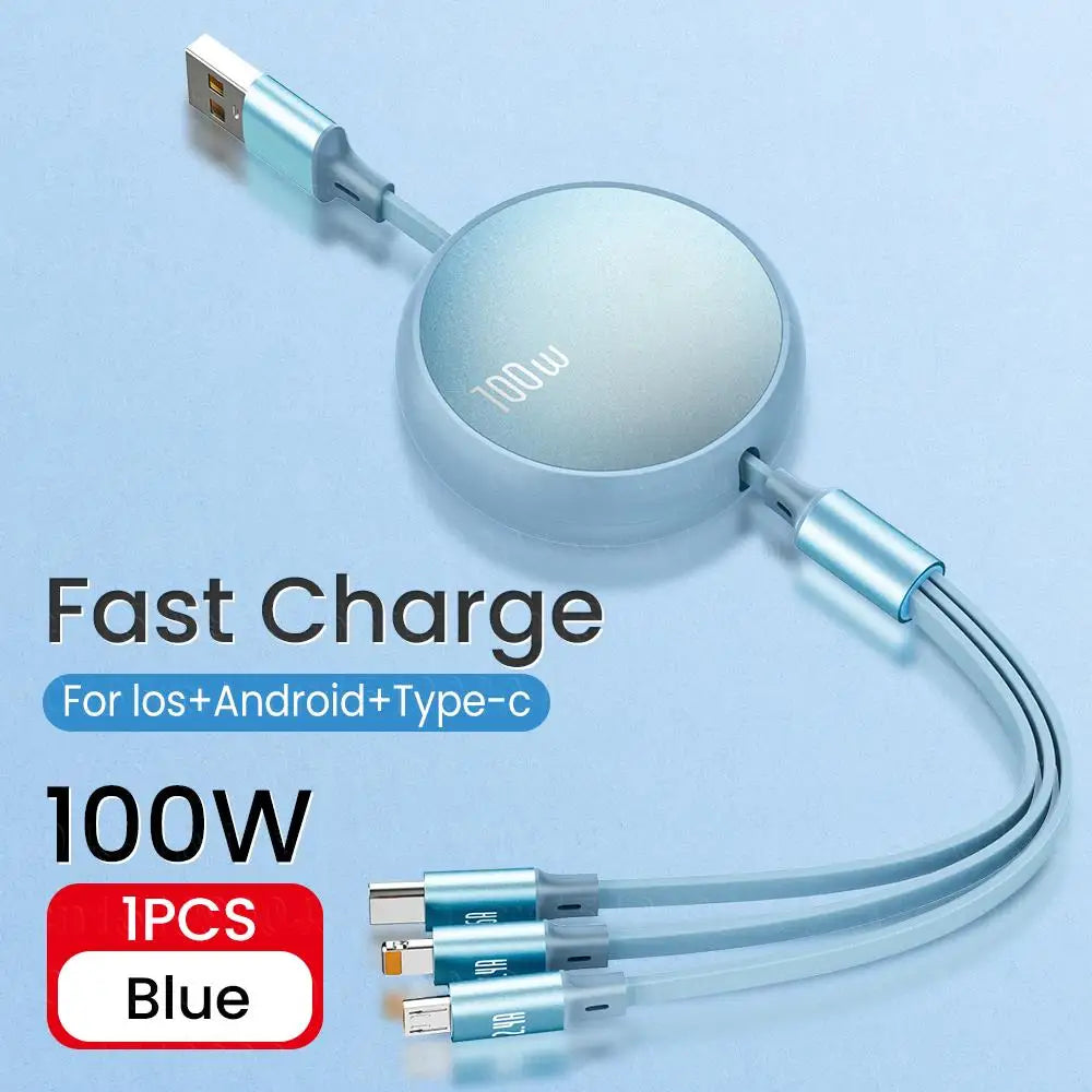 3 in 1 Retractable USB C 6A 100W USB Fast Charger for iPhone 13 14 12 11 Pro X Max Type C/Micro Fast Charger for Huawei Samsung