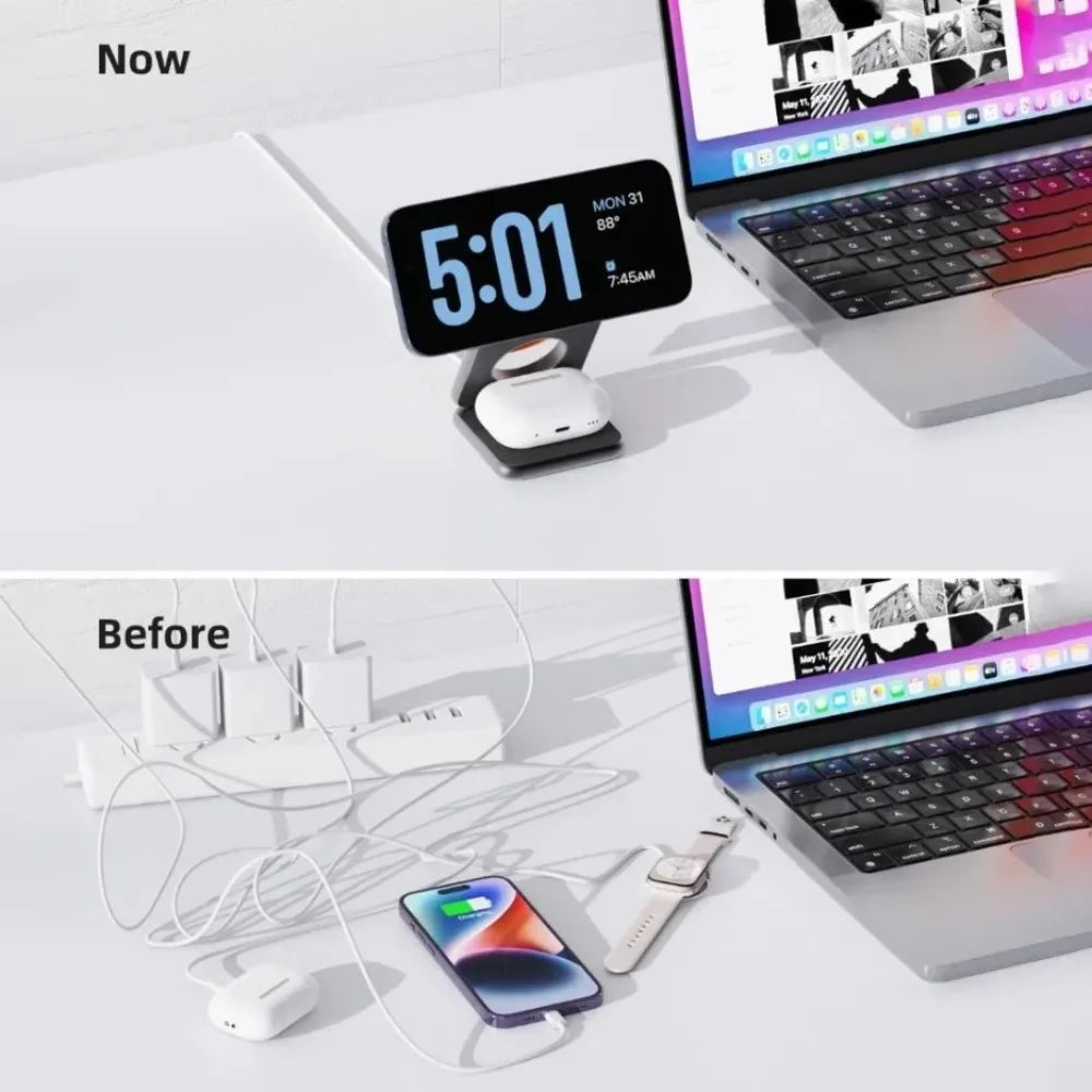 Foldable Magnetic Station 3 in 1 Fast Wireless Charger Stand For Magsafe iPhone 16 15 14 13 12 Pro Max iWatch 8 7 6 Airpods