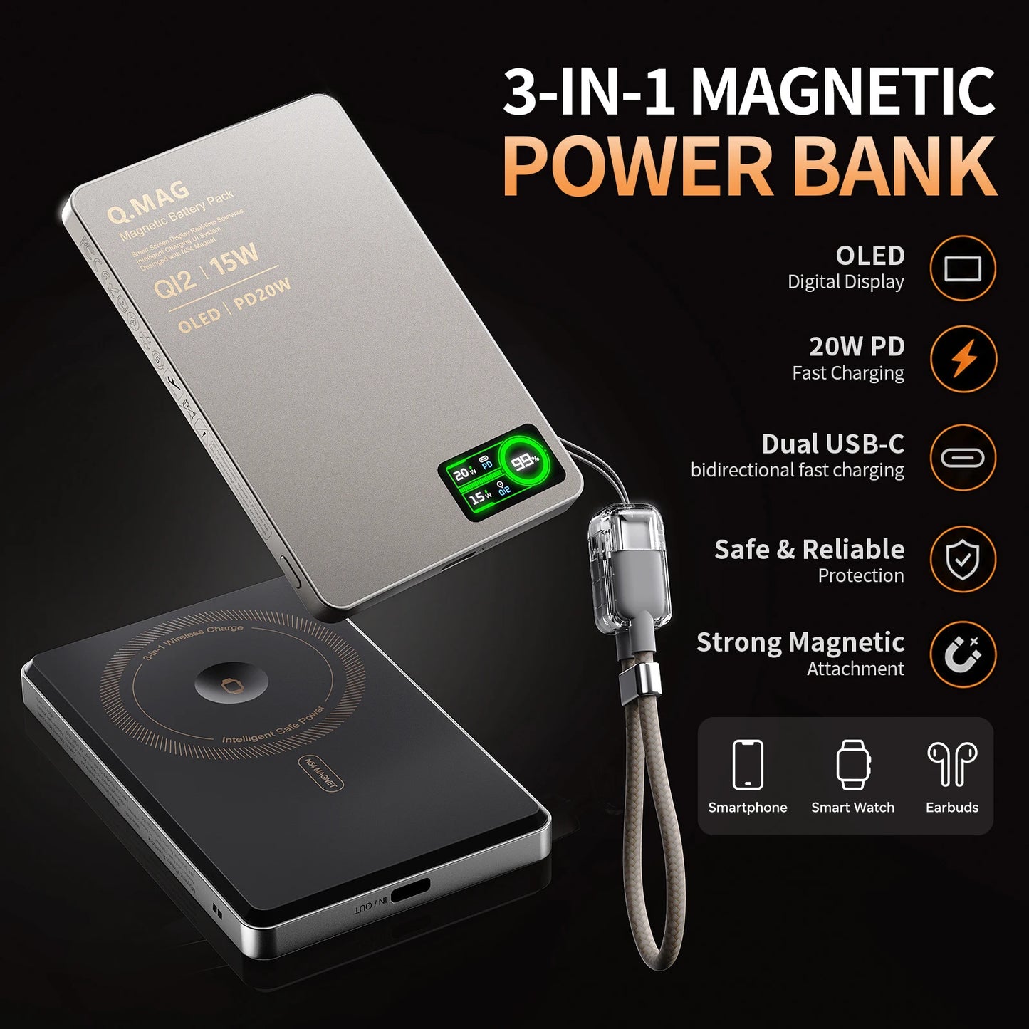Wireless Magnetic Powerbank Fast Charing Spare Portable External Battery for iPhone 12-17 Promax Watch Airpods 5000/10000mAh