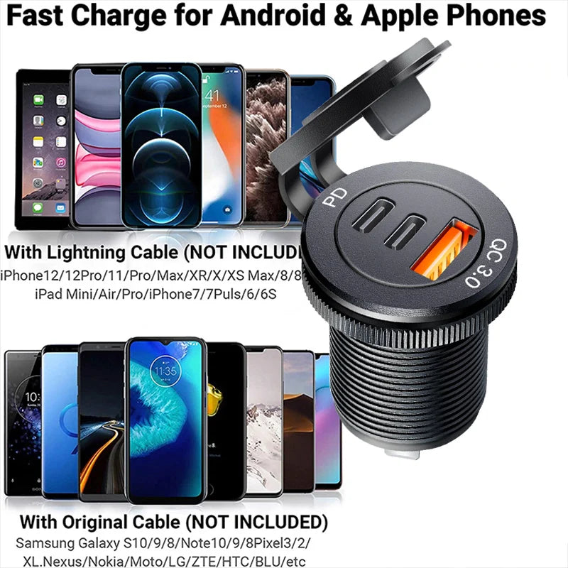 Universal usb outlet 3.0 socket  PD Type C Car Charger adapter QC3.0 Dual Ports 60W USB C Triple 12V USB Socket Car Charger
