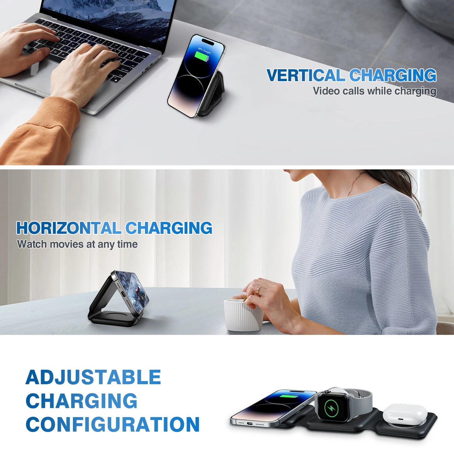 15W 3 in 1 Magnetic Wireless Charger Station Fast Charging Holder Foldable For iPhone 17 16 15 Pro Max iWatch AirPods