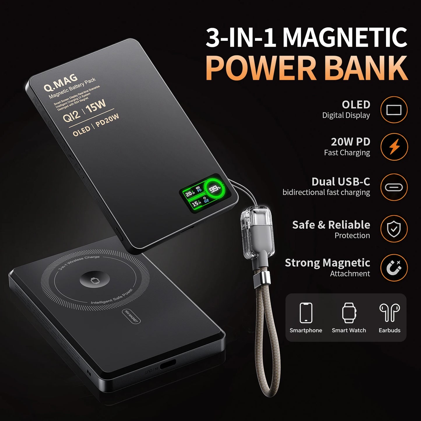 Wireless Magnetic Powerbank Fast Charing Spare Portable External Battery for iPhone 12-17 Promax Watch Airpods 5000/10000mAh