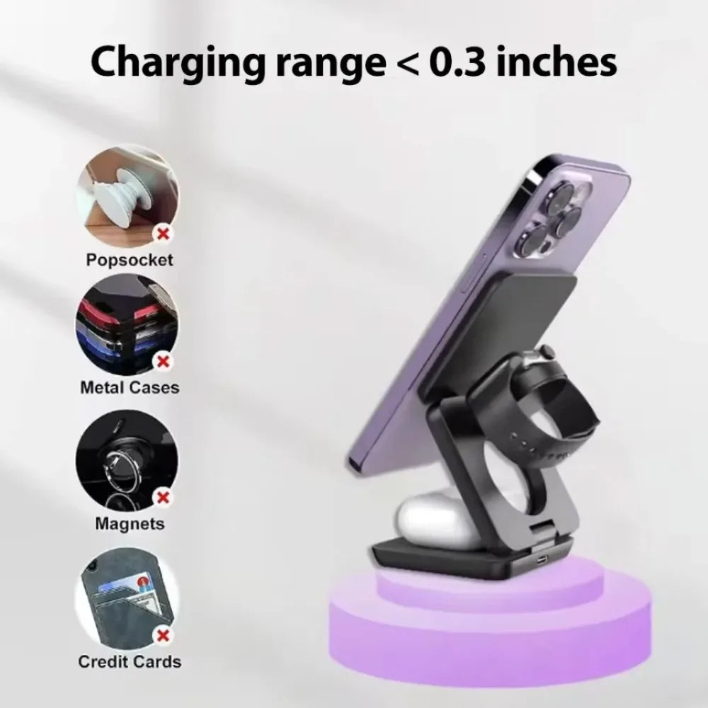 Foldable Magnetic Station 3 in 1 Fast Wireless Charger Stand For Magsafe iPhone 16 15 14 13 12 Pro Max iWatch 8 7 6 Airpods