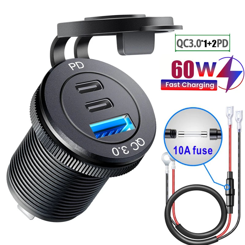 Universal usb outlet 3.0 socket  PD Type C Car Charger adapter QC3.0 Dual Ports 60W USB C Triple 12V USB Socket Car Charger