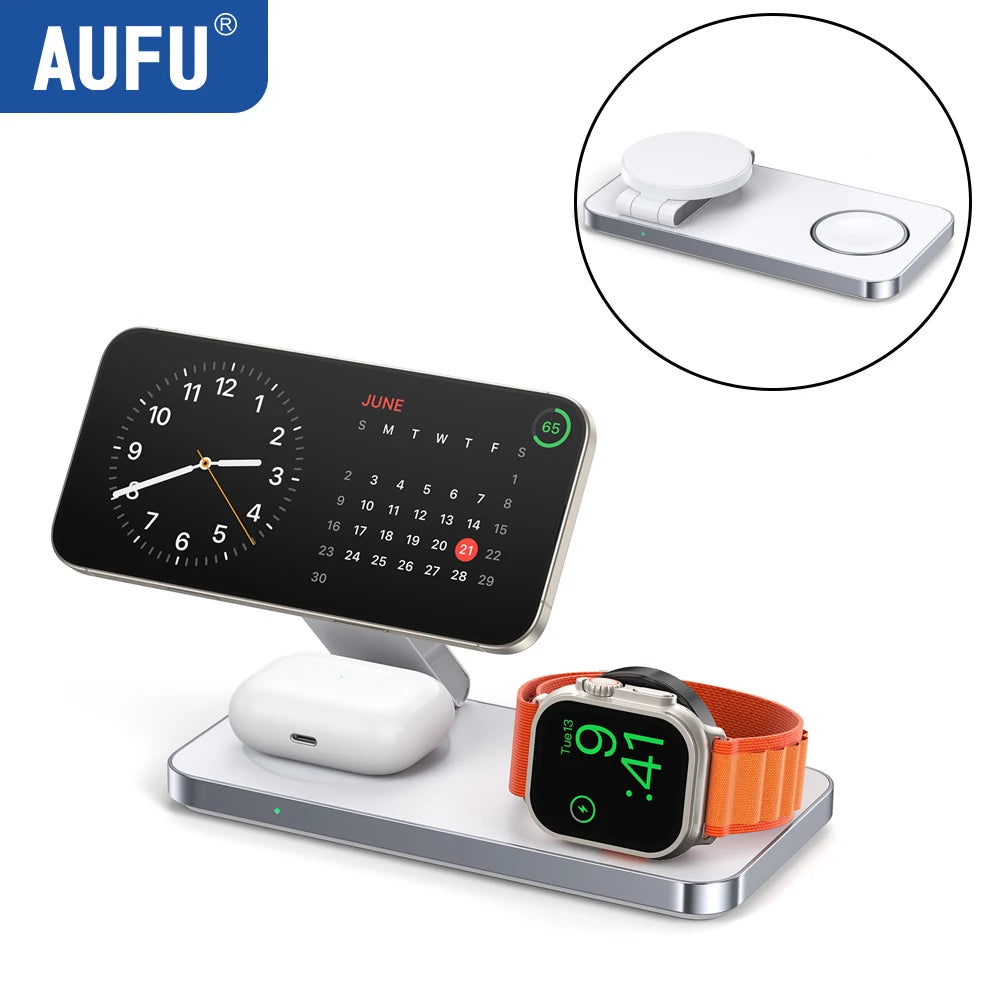 AUFU Foldable Magnetic Wireless Charging Station 3 In 1 Fast Charging Dock Station For Magsafe For iPhone 17 Apple Watch Airpods