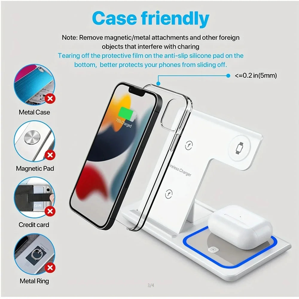 LED Fast Wireless Charger Stand 3 in 1 Foldable Charging Station For iPhone 17 16 15 18 14 Apple Watch 9 8 7 Airpods Pro Samsung