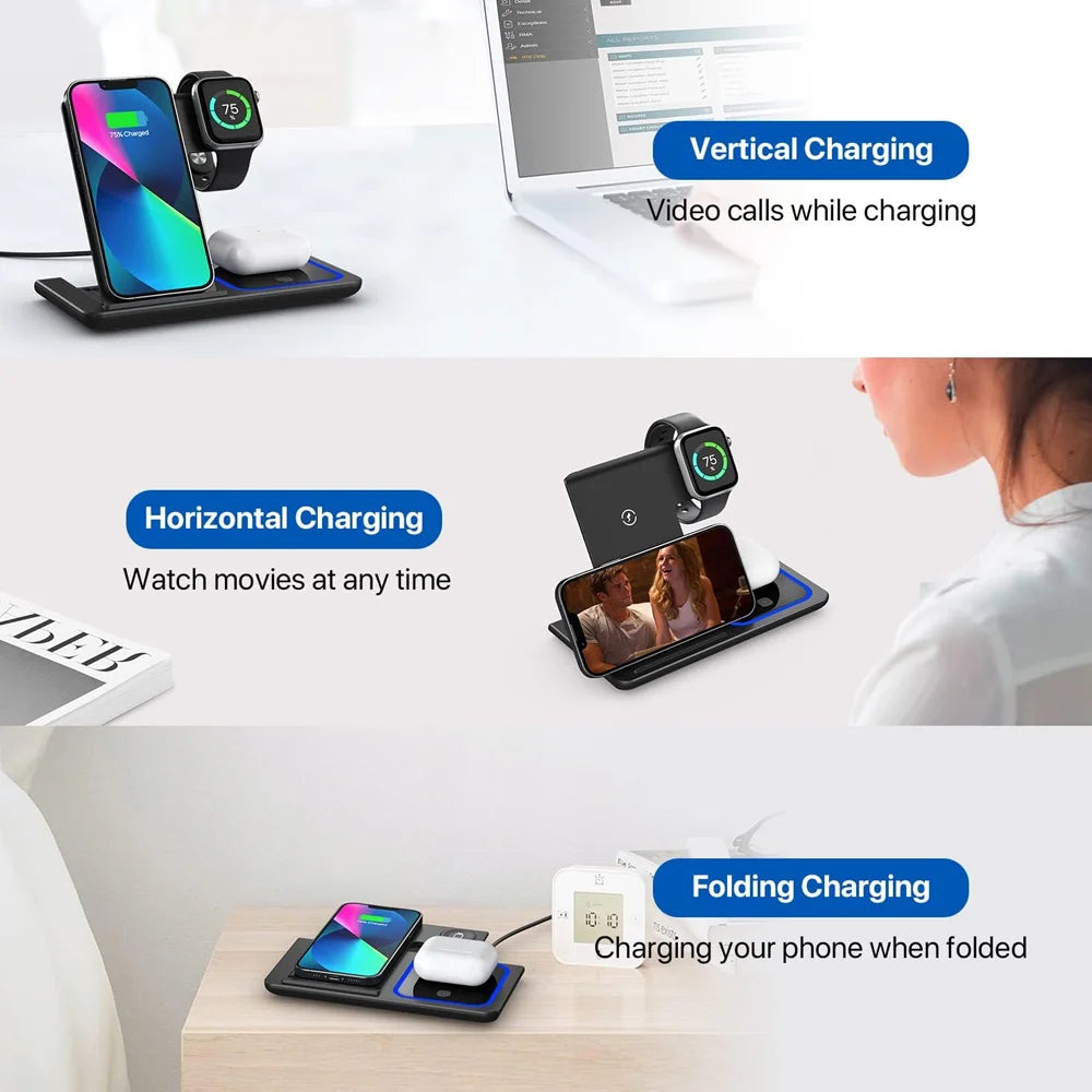 LED Fast Wireless Charger Stand 3 in 1 Foldable Charging Station For iPhone 17 16 15 18 14 Apple Watch 9 8 7 Airpods Pro Samsung
