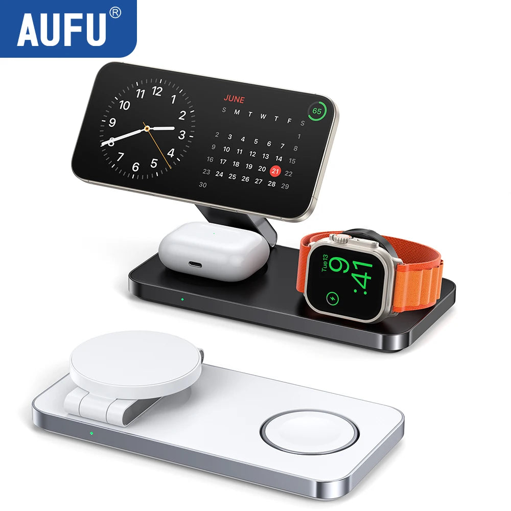 AUFU Foldable Magnetic Wireless Charging Station 3 In 1 Fast Charging Dock Station For Magsafe For iPhone 17 Apple Watch Airpods