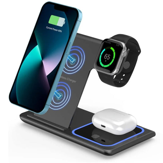 LED Fast Wireless Charger Stand 3 in 1 Foldable Charging Station For iPhone 17 16 15 18 14 Apple Watch 9 8 7 Airpods Pro Samsung